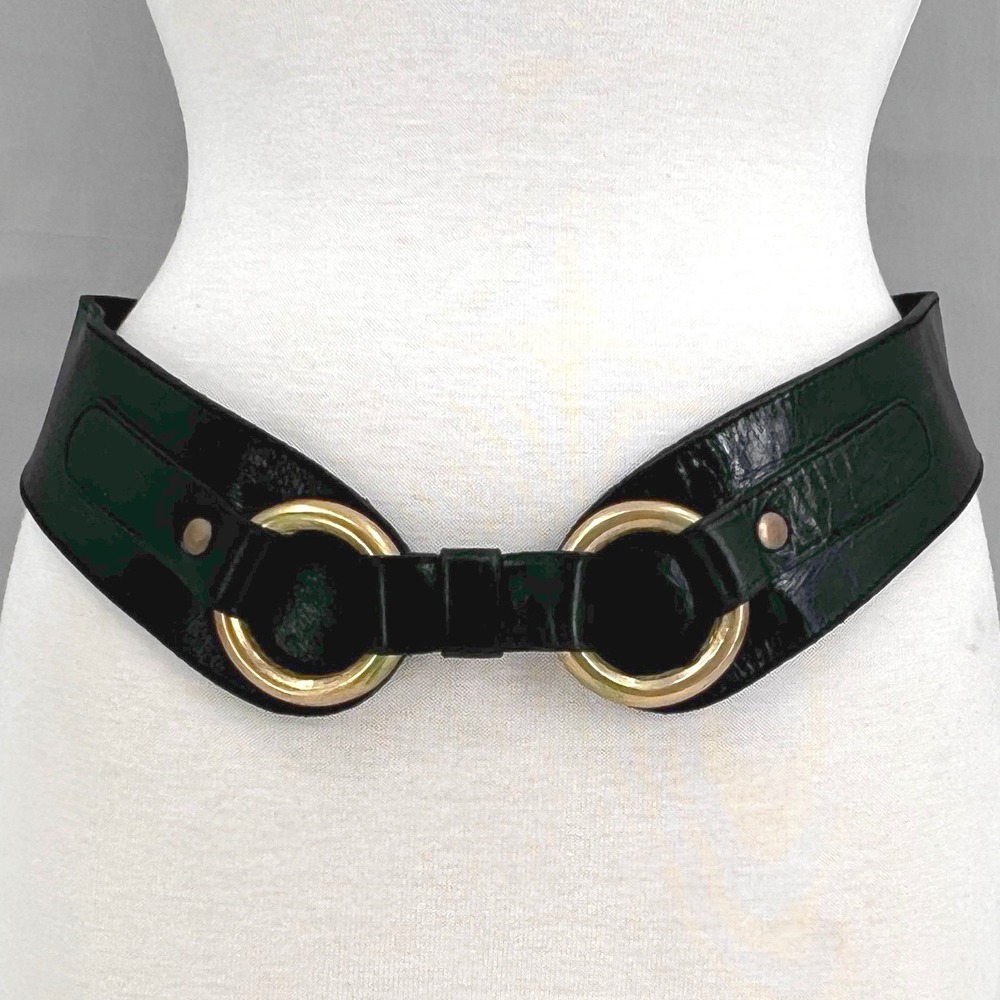 Vintage Women's Wide Black Leather Cinch Waist Belt  Double Brass O-Ring Heavy L